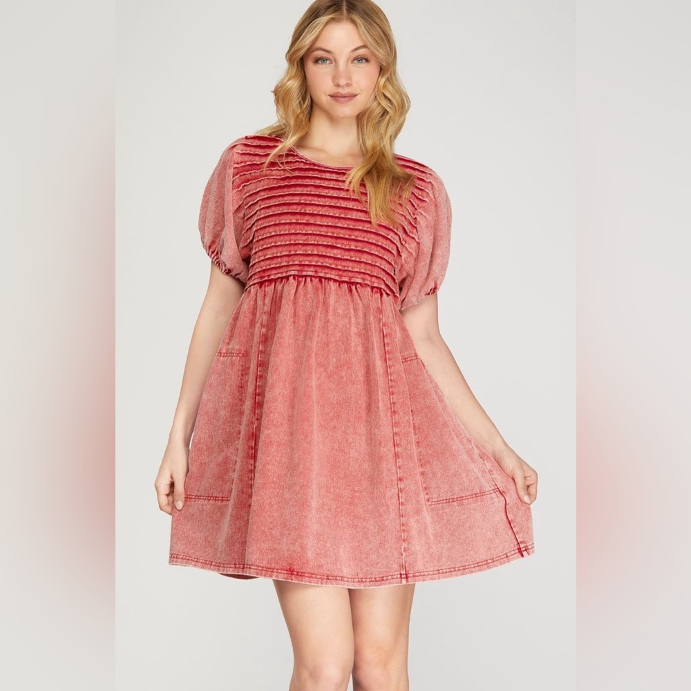 NWT SHE + SKY Mineral Wash Red Denim Pintuck Puff Sleeve Mini with Pockets Sz L - Picture 1 of 6